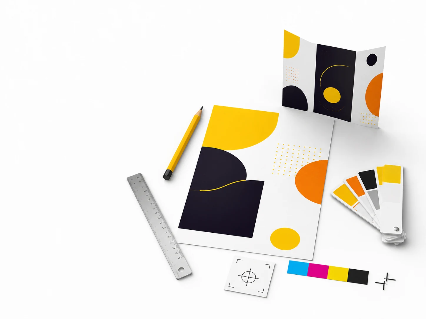 Narzędzia projektanta DTP, próbnik CMYK i makieta ulotki